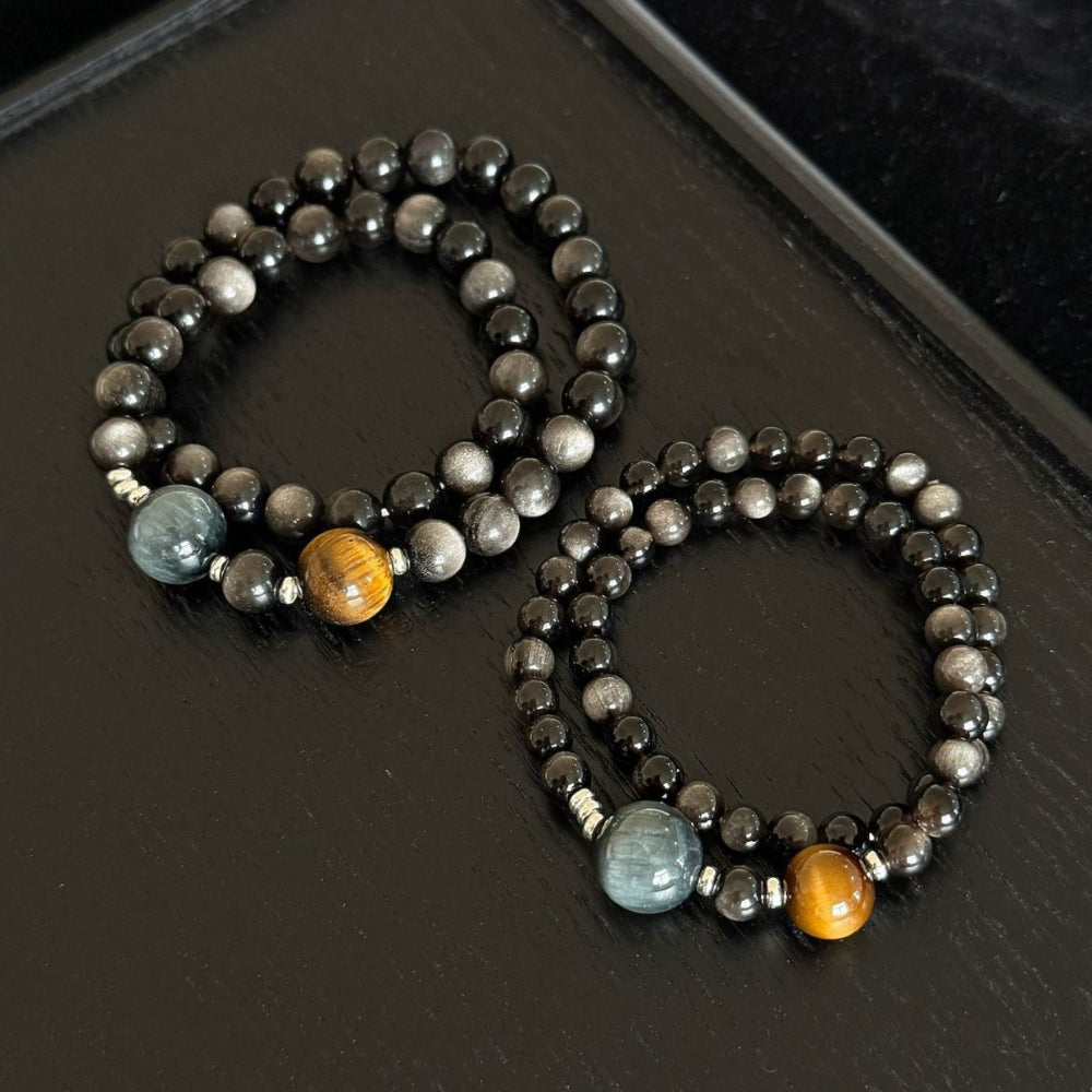 S925 Silver Natural Silver Obsidian Yellow Tiger's Eye Hawkeye Couple Bracelet