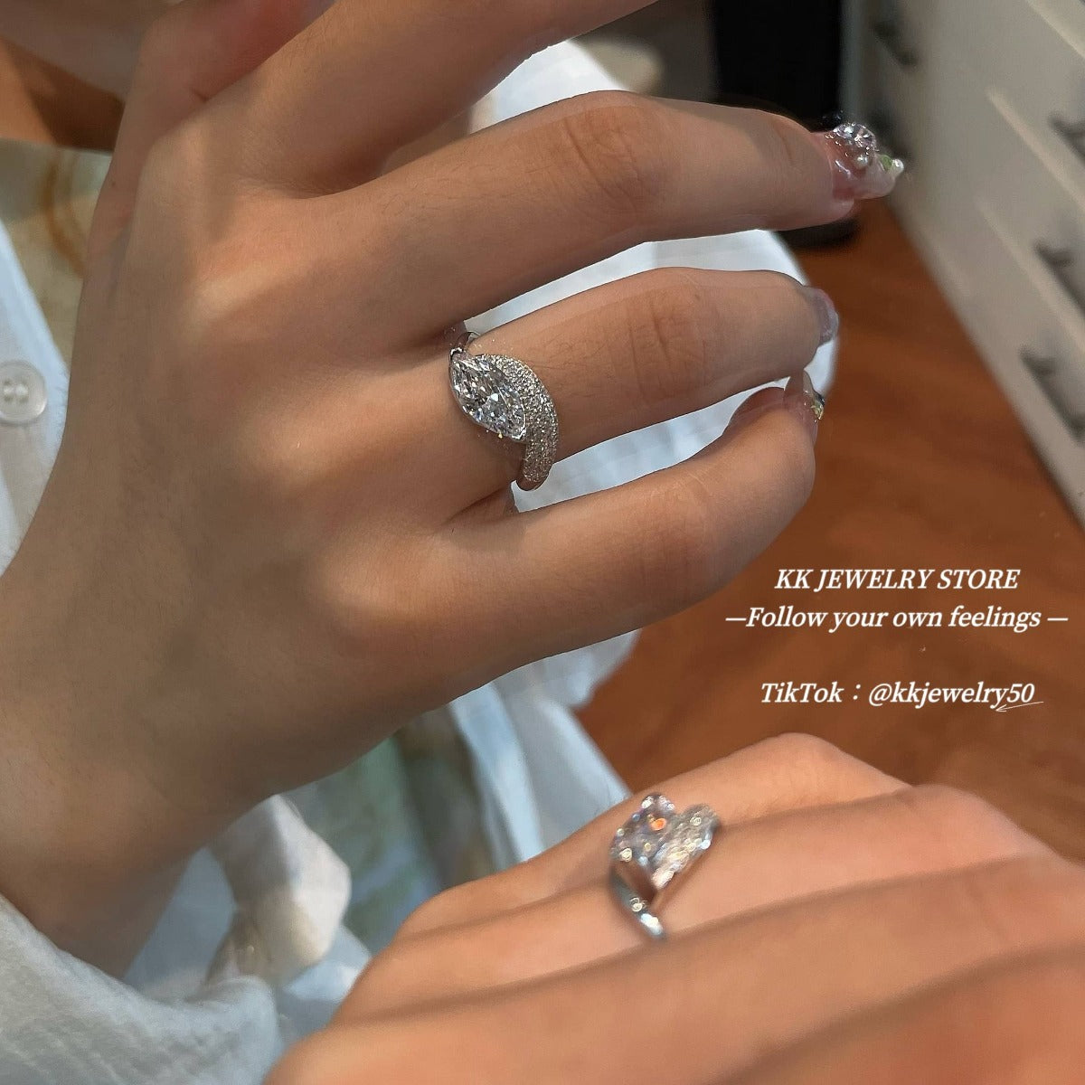 S925 Silver 6 * 12 Horse's Eye Diamond Ring