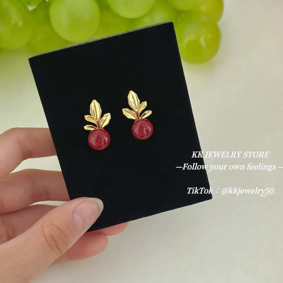 Cherry red pearl leaf stud earrings