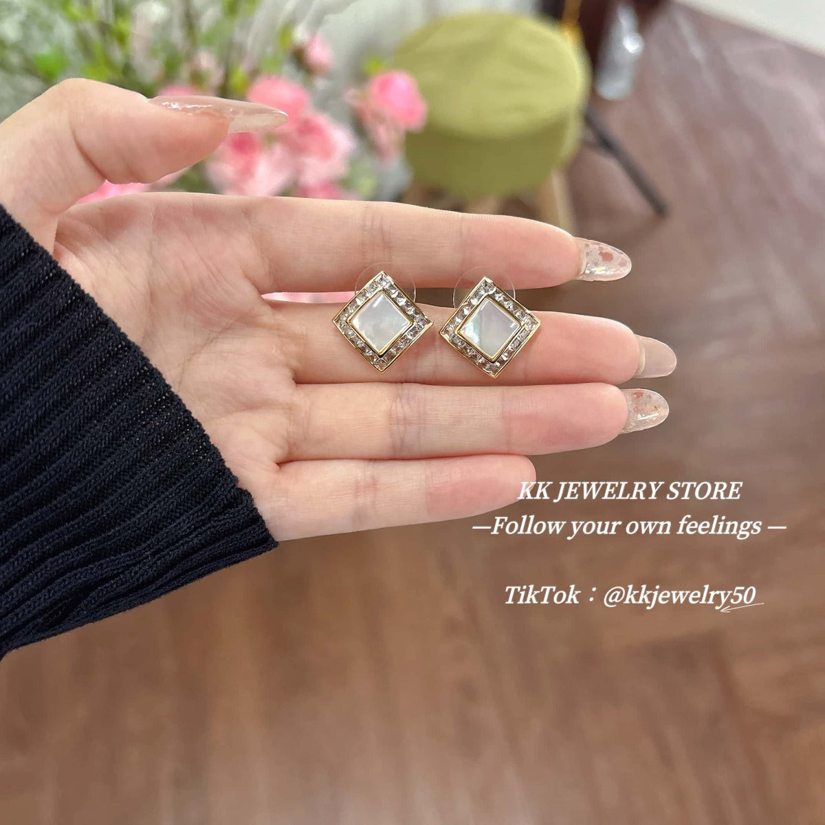 925 silver needle shell with gemstone stud earrings