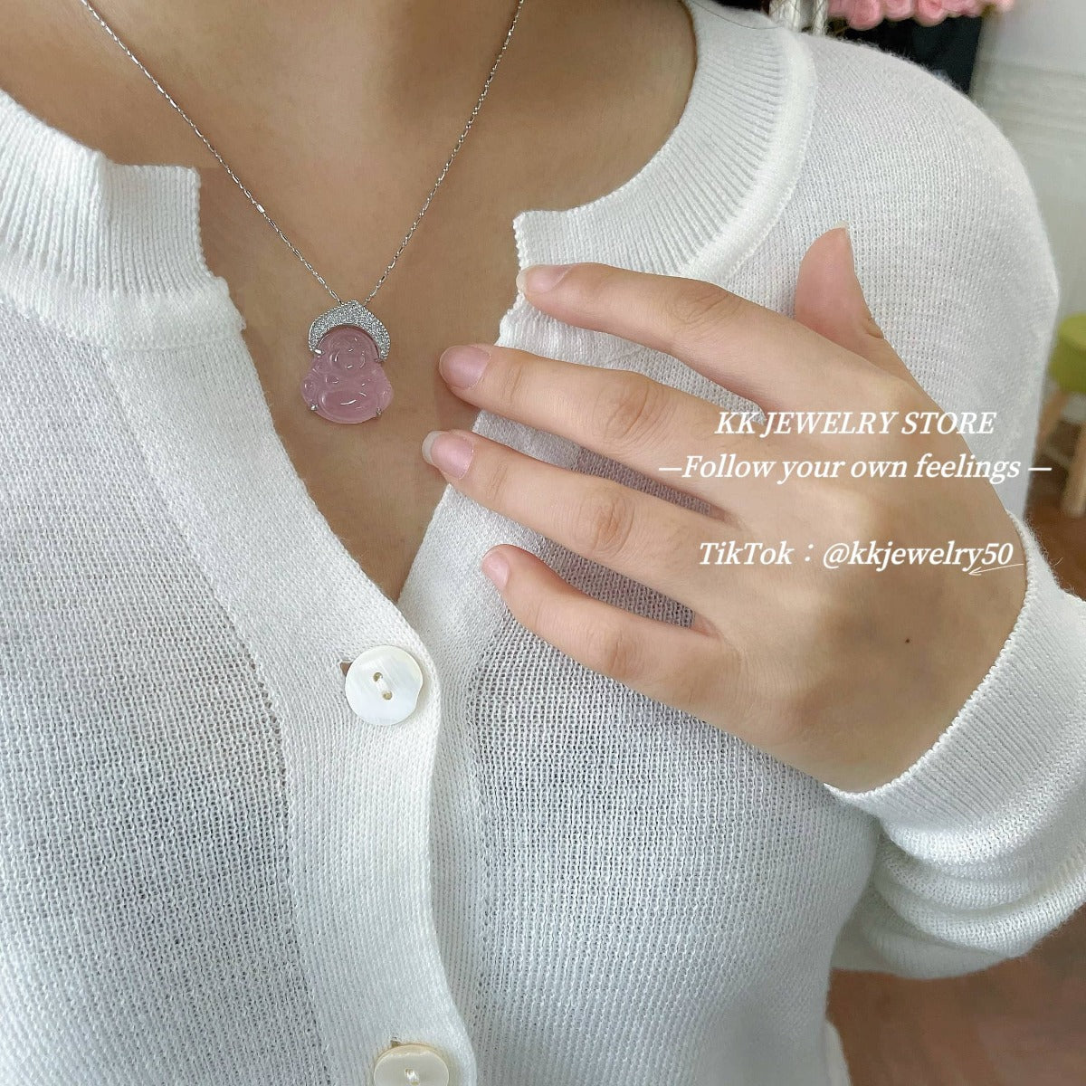 925 Sterling Silver Pink Chalcedony Maitreya Buddha Necklace