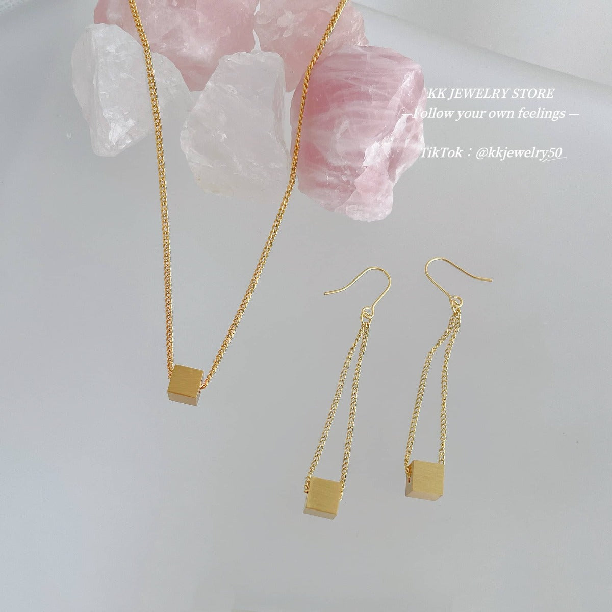 Minimalist Square Brass Brushed Necklace Earrings