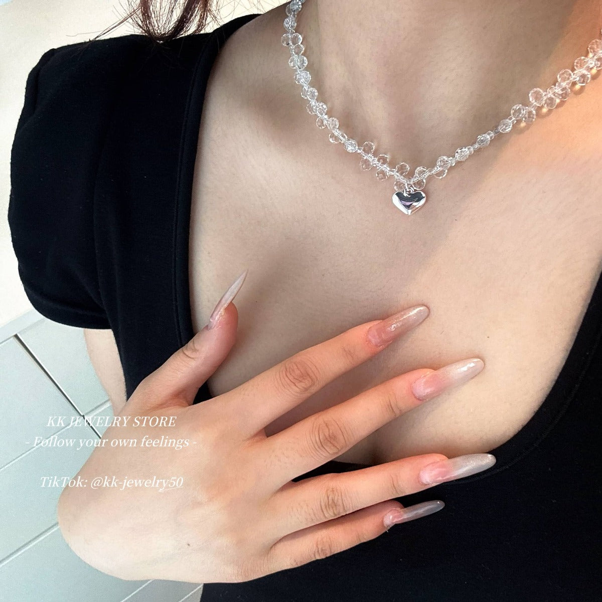 Clear White Crystal Beaded Love Clavicle Chain Necklace