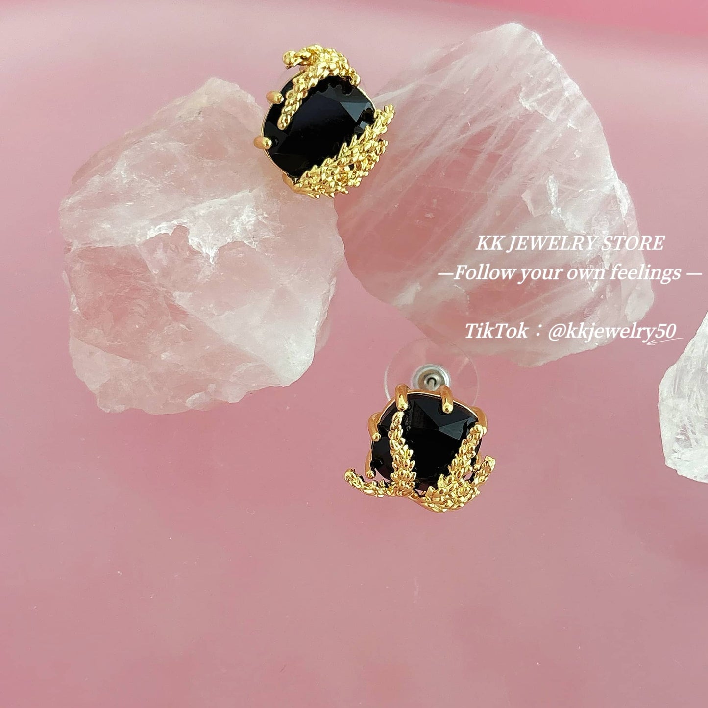 S925 silver needle gold wheat ear black gemstone stud earrings