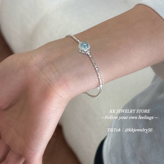 S925 Sterling Silver Natural Aquamarine Crushed Silver Bracelet