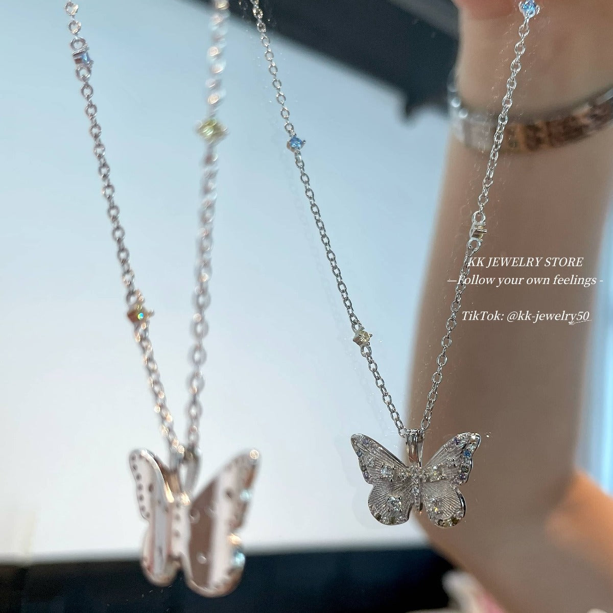 S925 whole body sterling silver colored diamond brushed butterfly necklace