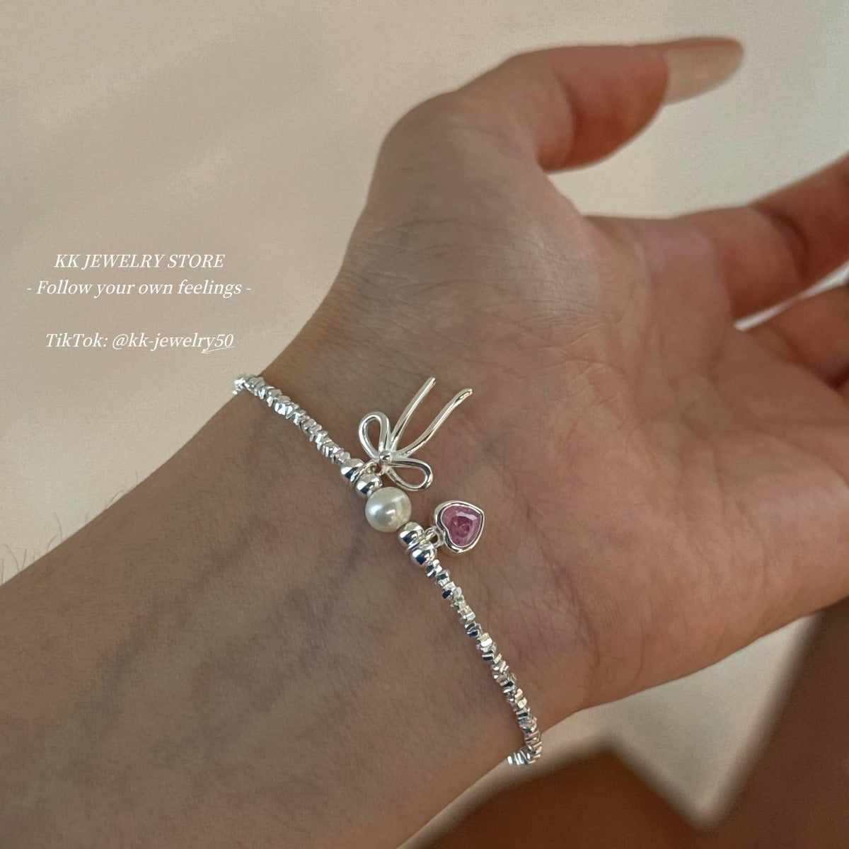 S925 Sterling Silver Pink Love Bow Crushed Silver Bracelet