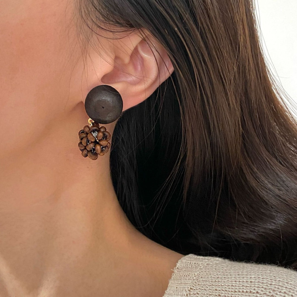 Art ball hand-woven wooden bead pinecone stud earrings