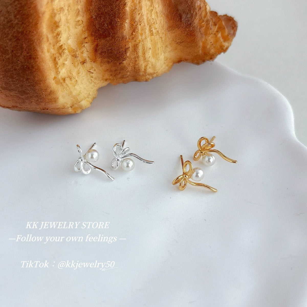 Whole body S925 silver bow ribbon pearl stud earrings