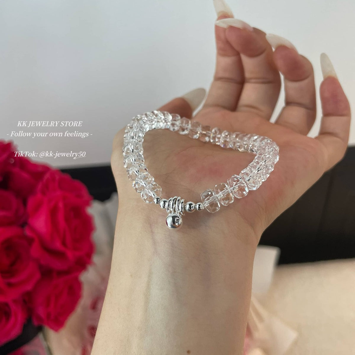 Super flash artificial white crystal silver ball bracelet