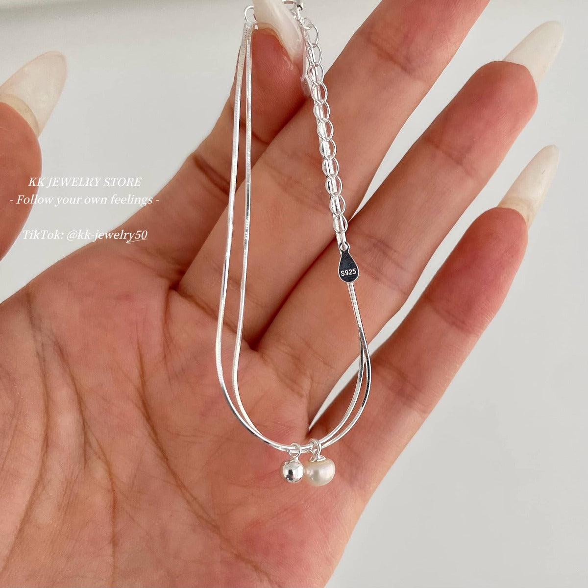 S925 Sterling Silver Freshwater Pearl Ball Double Snake Bone Bracelet