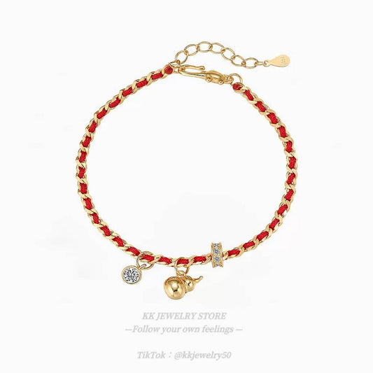 S925 Sterling Silver Braided Red Rope Gourd Pendant Bracelet