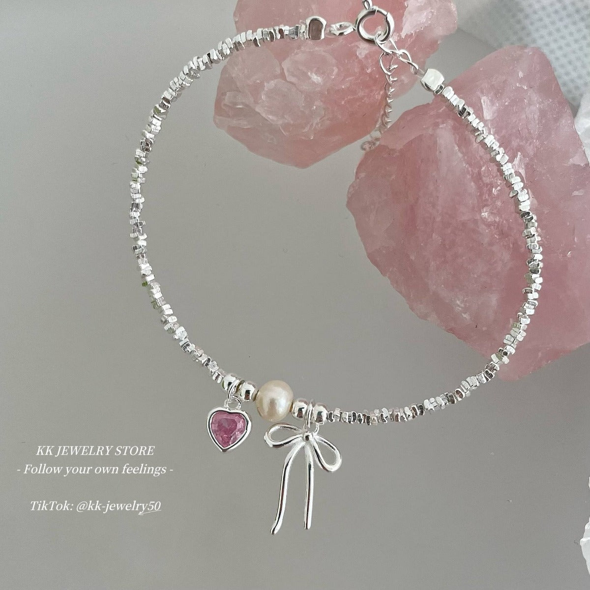 S925 Sterling Silver Pink Love Bow Crushed Silver Bracelet