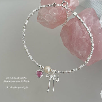 S925 Sterling Silver Pink Love Bow Crushed Silver Bracelet