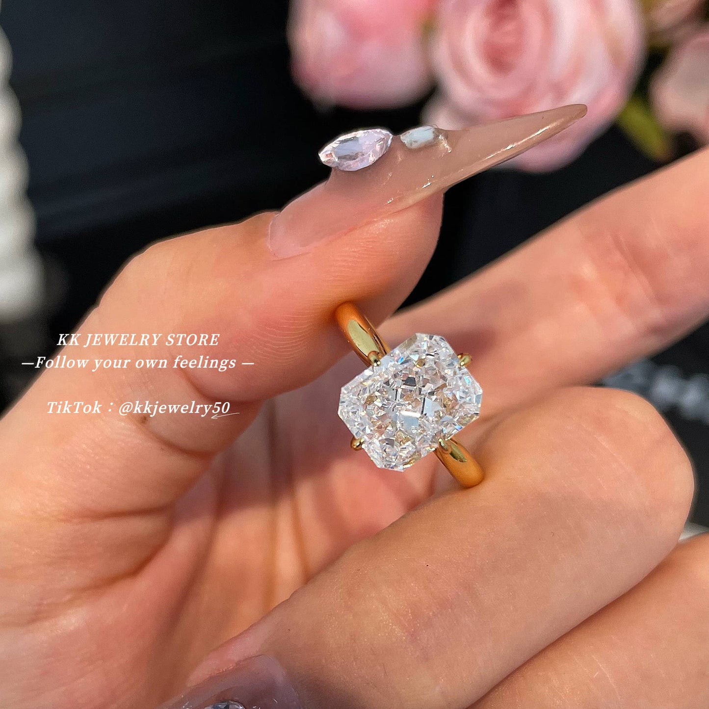 S925 silver-plated 8 * 10 ice cut high carbon diamond ring