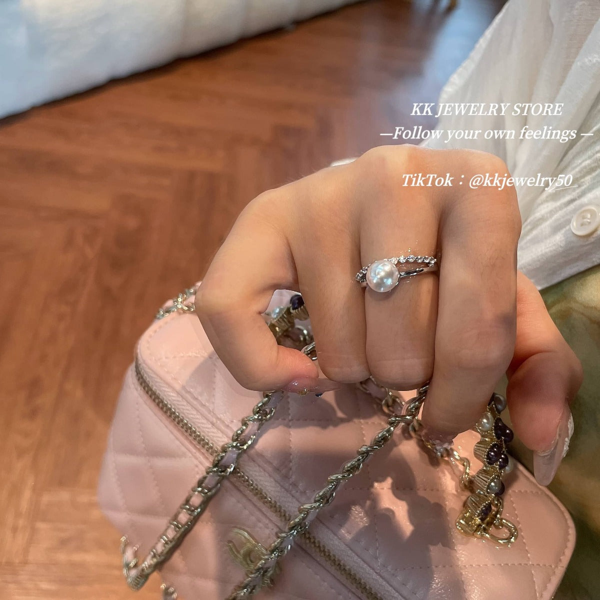 Double Diamond Pearl Open Ring