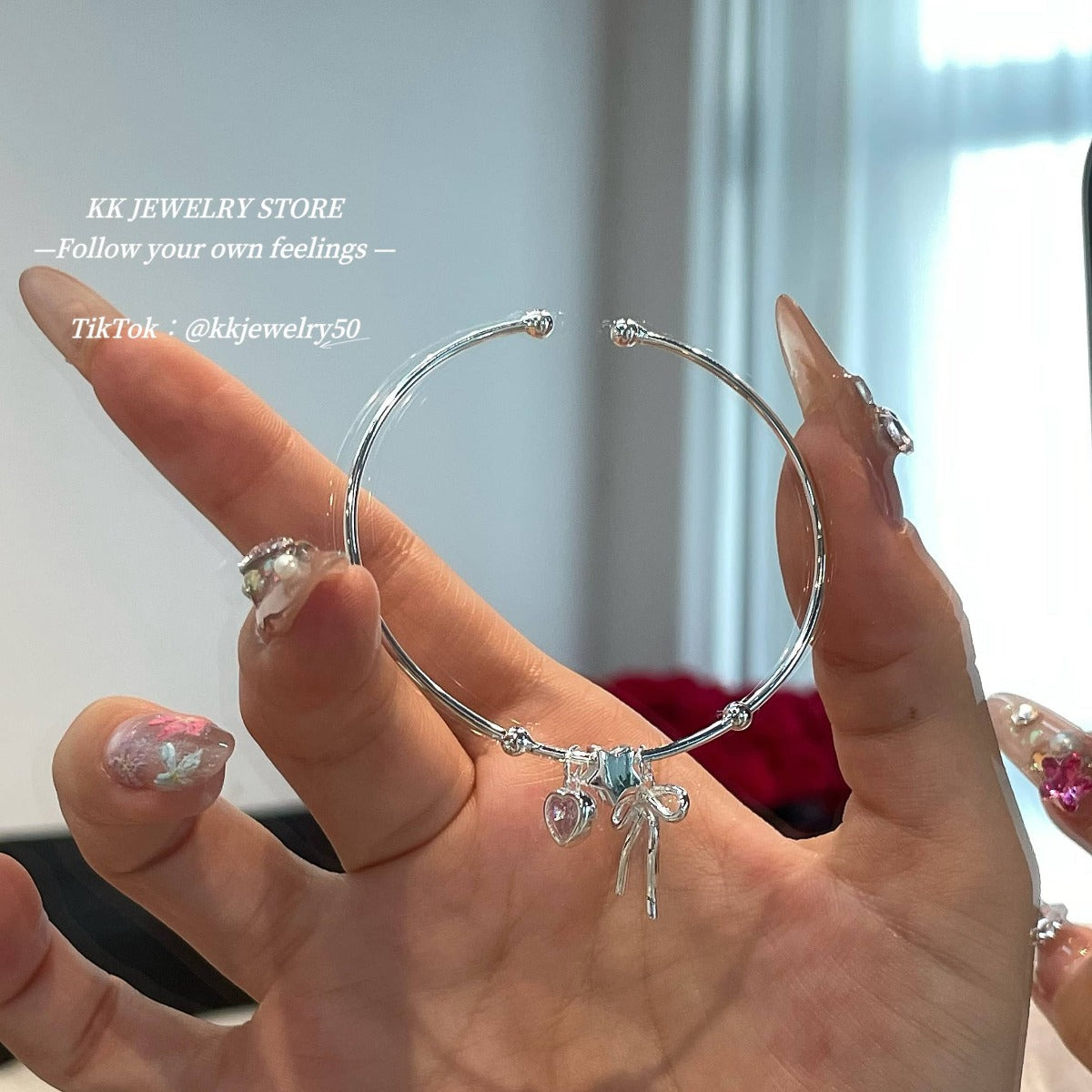 S925 Sterling Silver Star Bow Heart Pink Diamond Bracelet