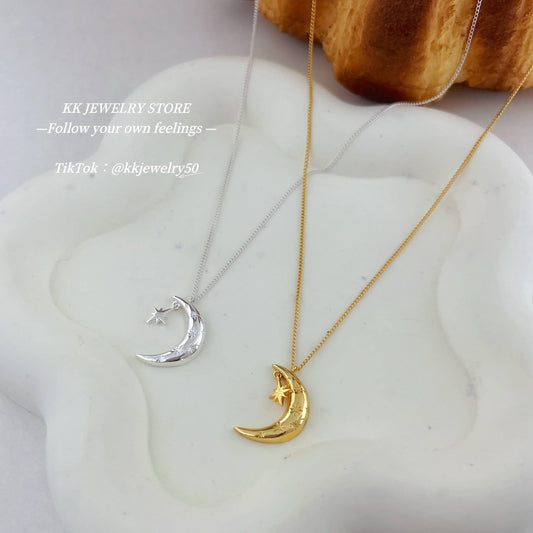 925 Sterling Silver Moon Star Pendant Necklace