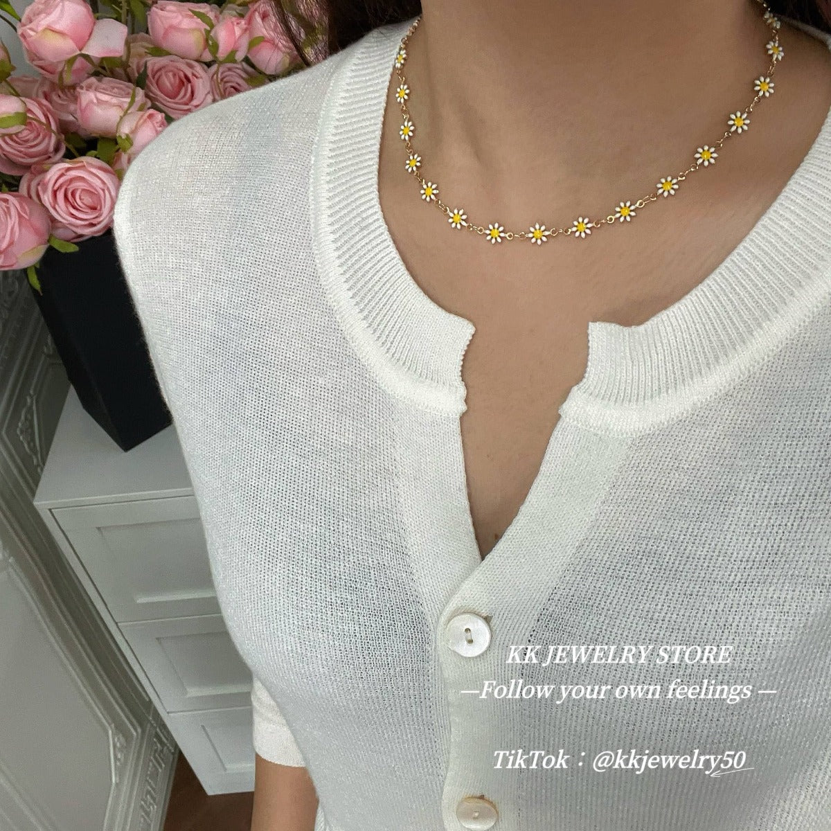 Colored Little Daisies Drop Glaze Flower Bracelet Necklace Set