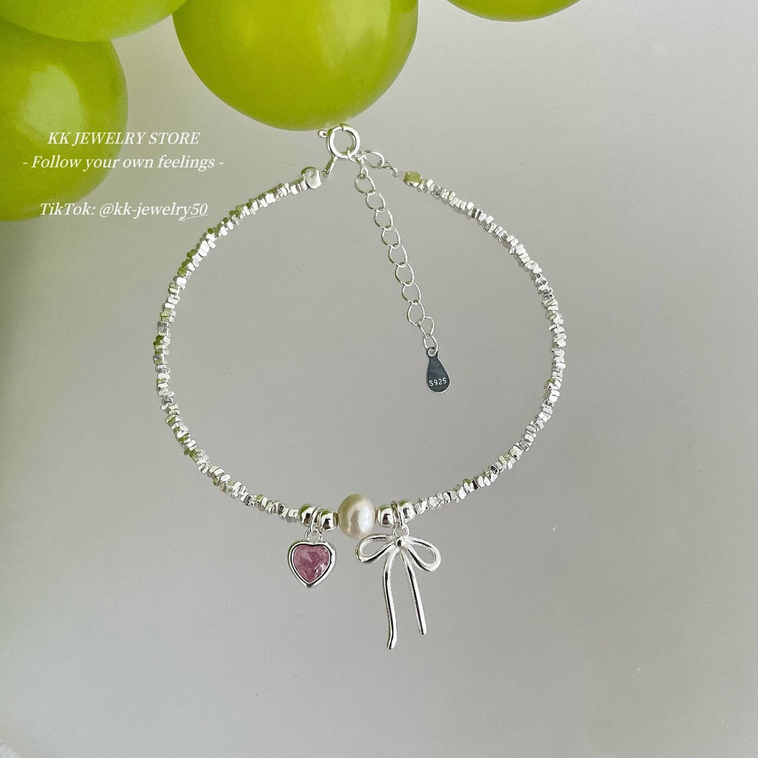 S925 Sterling Silver Pink Love Bow Crushed Silver Bracelet