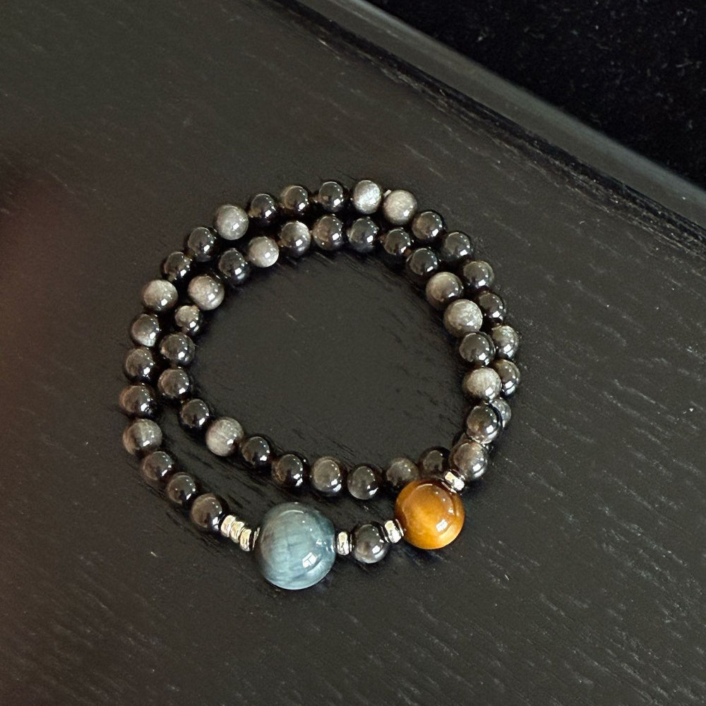 S925 Silver Natural Silver Obsidian Yellow Tiger's Eye Hawkeye Couple Bracelet