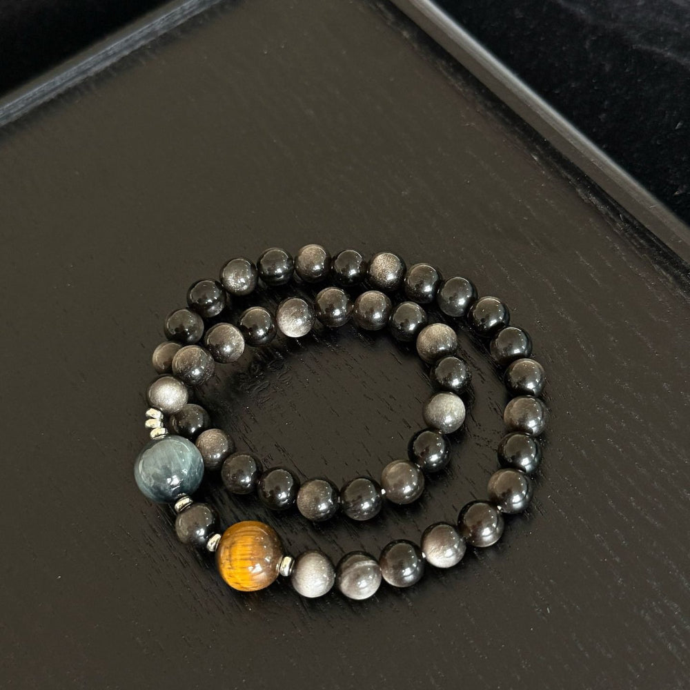 S925 Silver Natural Silver Obsidian Yellow Tiger's Eye Hawkeye Couple Bracelet