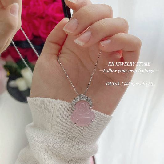 925 Sterling Silver Pink Chalcedony Maitreya Buddha Necklace