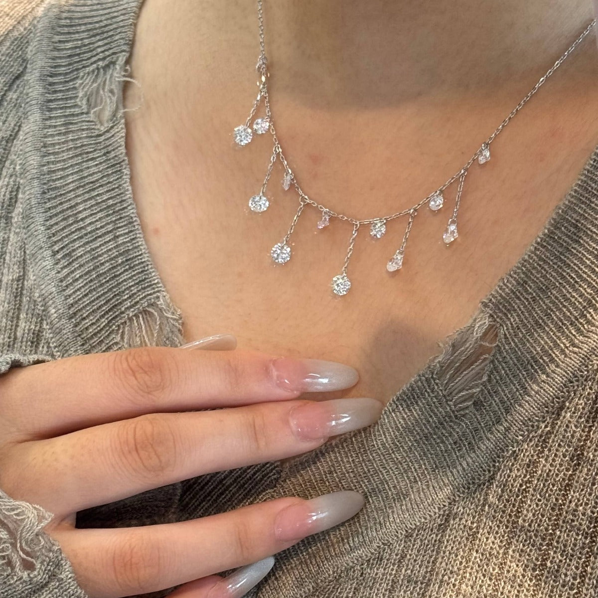 Exquisite Luxury~ S925 Sterling Silver Crystal Fringed Pendant Necklace