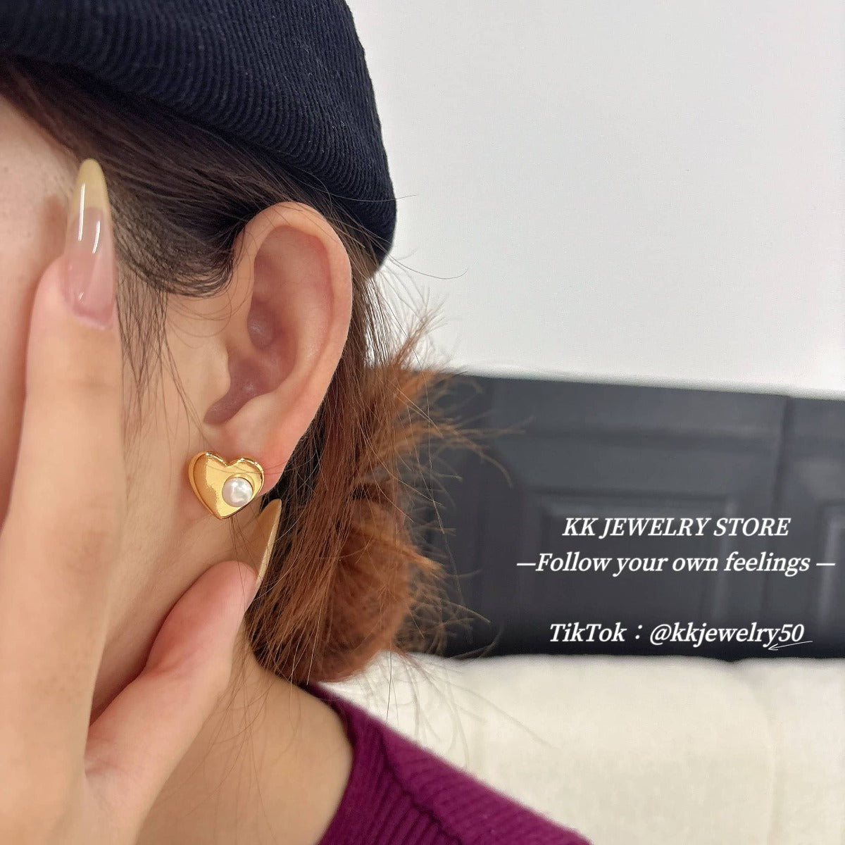 925 silver needle love mirror pearl stud earrings