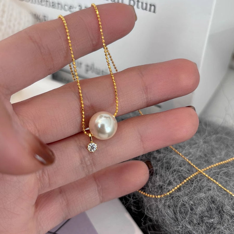 S925 Sterling Silver Single Diamond Imitation Pearl Necklace