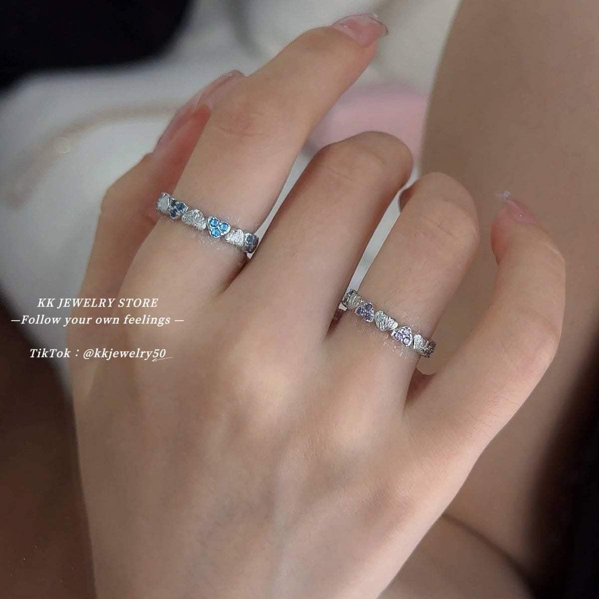 S925 Silver Brushed Full Ring Purple Diamond Blue Diamond Love Ring