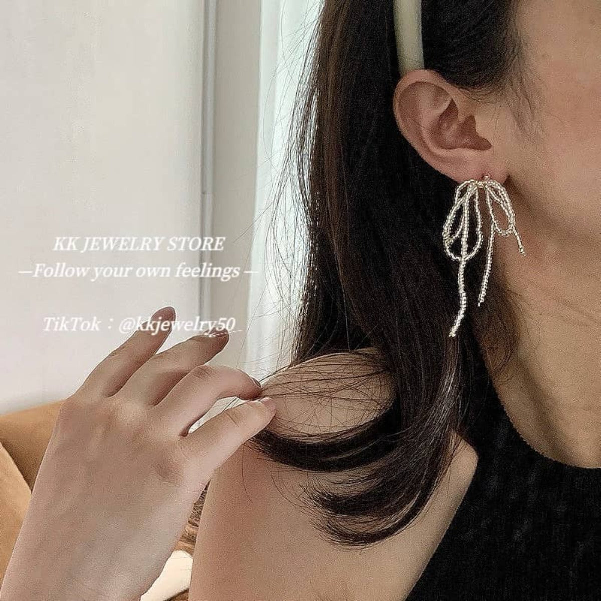 S925 Silver Needle Beaded Bow Fringed Earrings