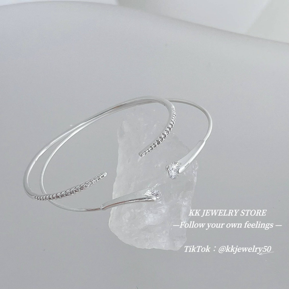 Silver double diamond micro-inlaid fine diamond stacked open bracelet