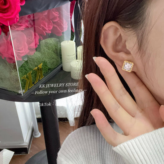 S925 Silver Needle Square Gemstone Brass Stud Earrings