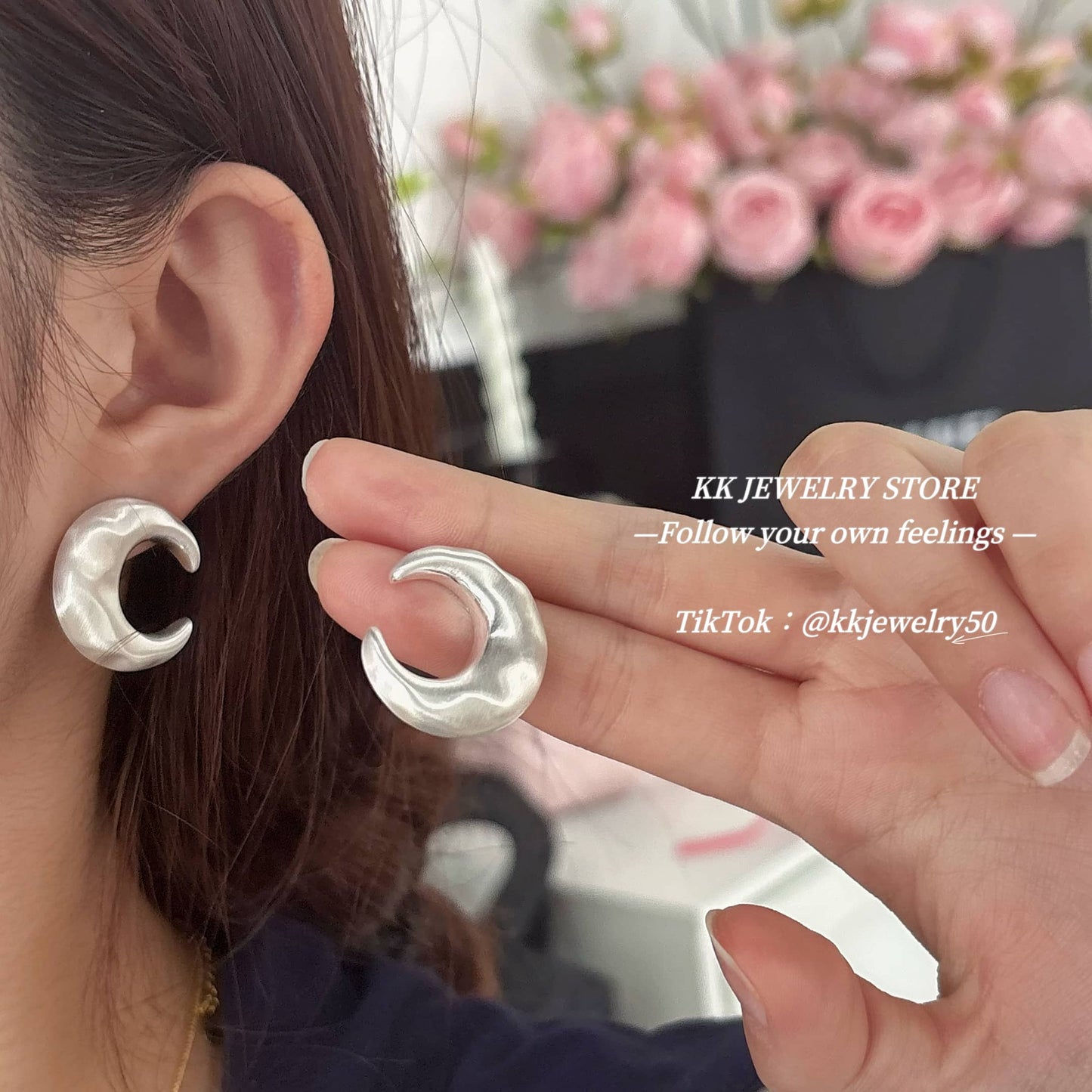 Silver Moon Frosted Brass Stud Earrings