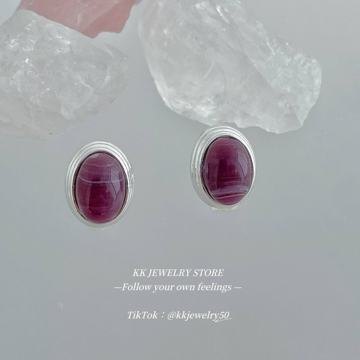 Gentle intellectual purple oval stud earrings