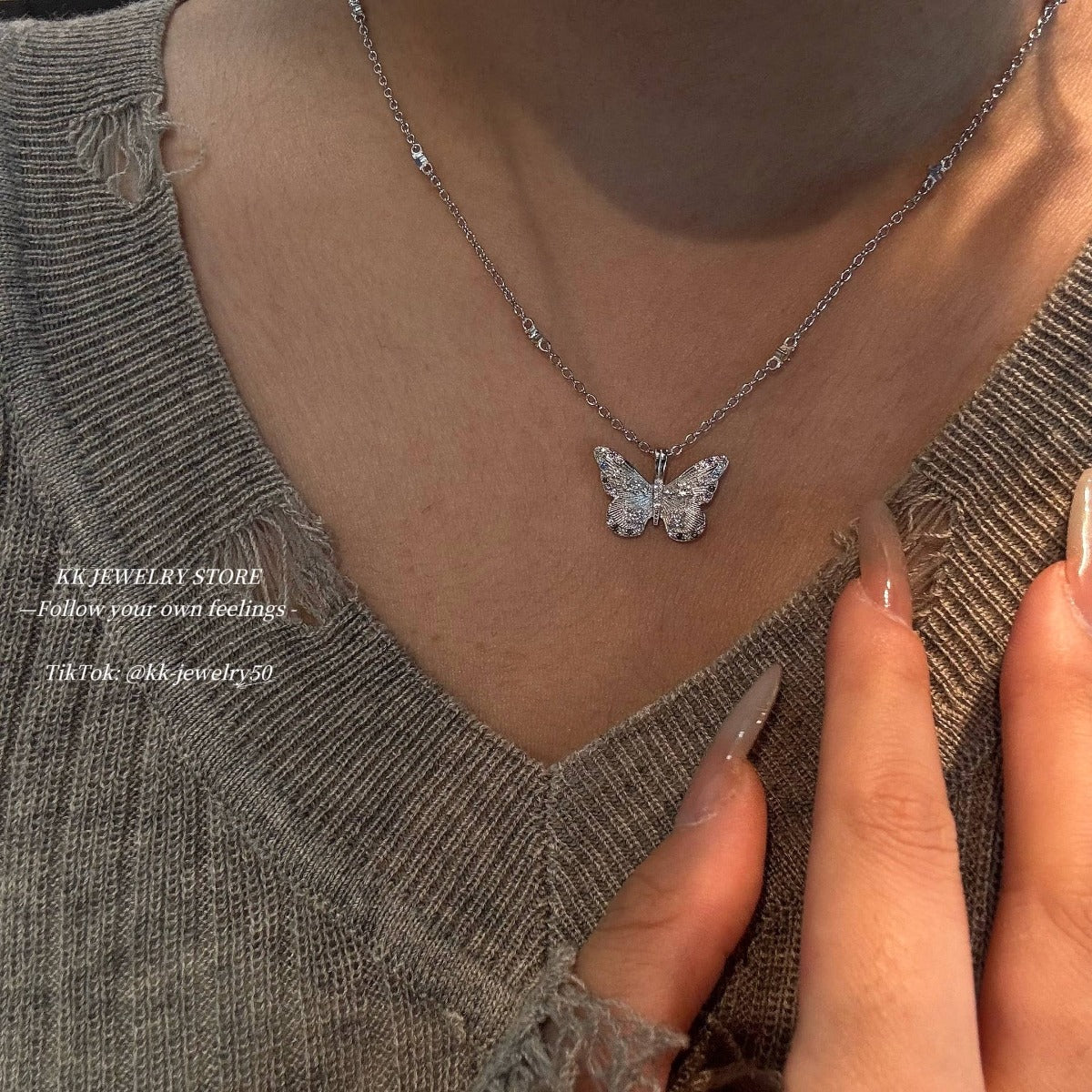 S925 whole body sterling silver colored diamond brushed butterfly necklace