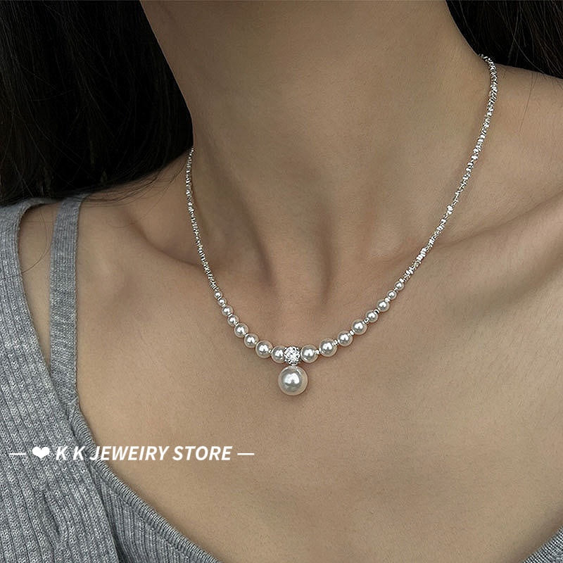 925 silver faux pearl crushed silver necklace