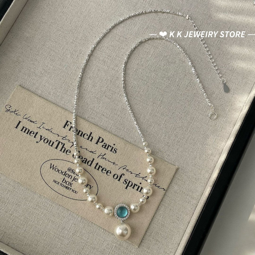 925 Silver Natural Aquamarine Crushed Silver Faux Pearl Necklace