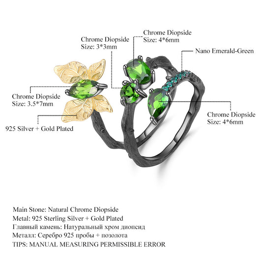 Designer! Original design! 925 Sterling Silver Natural Diopside Secret Garden Ring