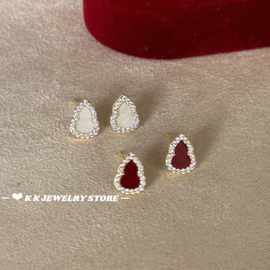 Red Agate White Mother-of-Pearl Mini Gourd Earrings