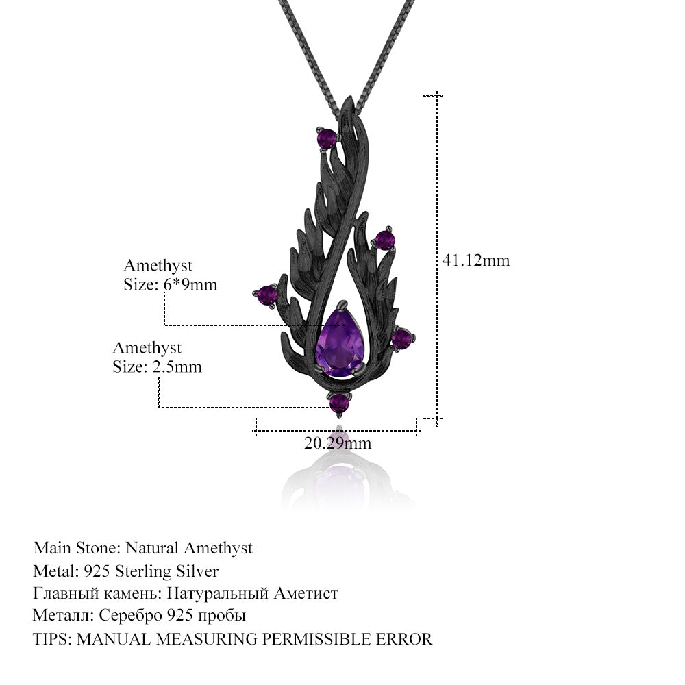 Designer! 925 silver natural amethyst dark style Italian craft necklace