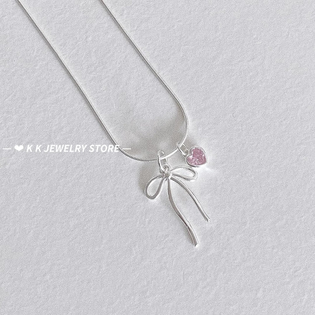 925 Silver Bow Pink Diamond Heart Necklace