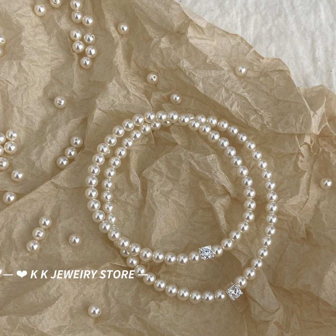 925 Silver Small Sugar Cube Artificial Pearl Bracelet