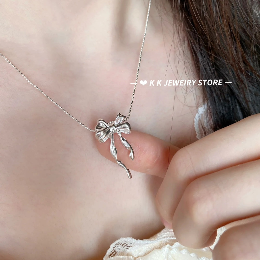 925 silver double layer smart bow necklace