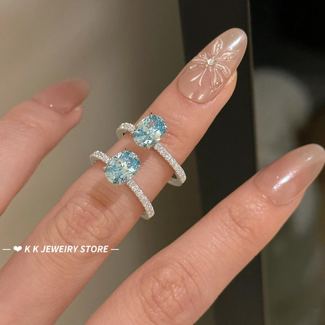 925 Silver High Carbon Diamond 6×8mm Ocean Blue Diamond Ring
