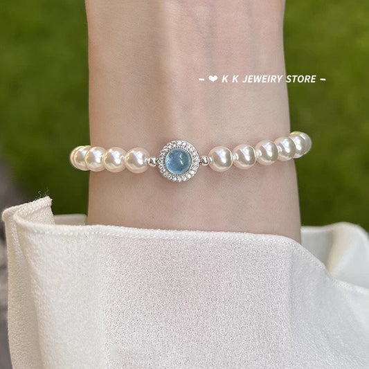 925 Silver Natural Aquamarine Faux Pearl Bracelet