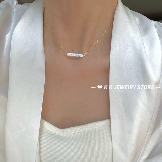 14K Gold-Filled Fortune-Bringing Small Silver Bar Pearl Necklace