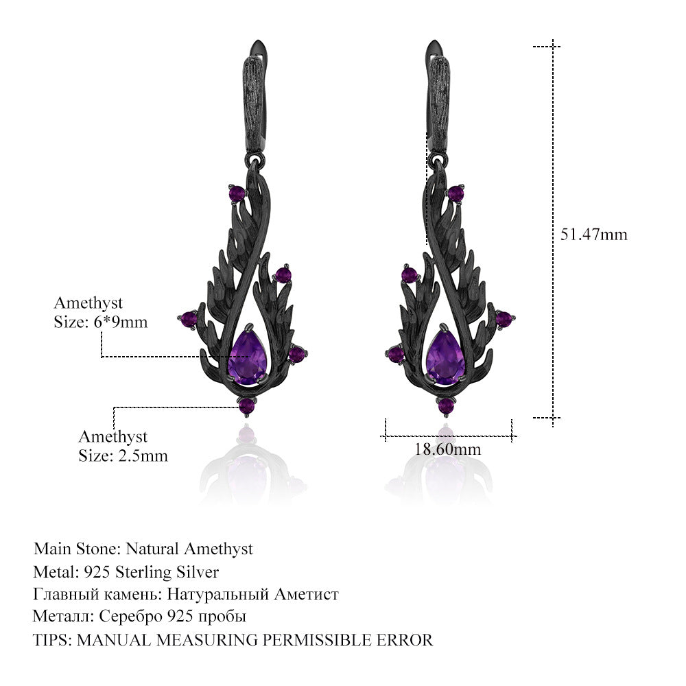 Designer! 925 silver natural amethyst dark retro style Italian craft earrings