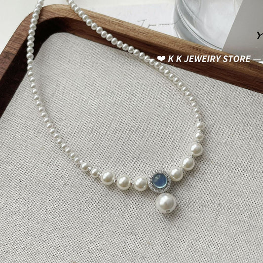 925 silver faux pearl natural aquamarine necklace